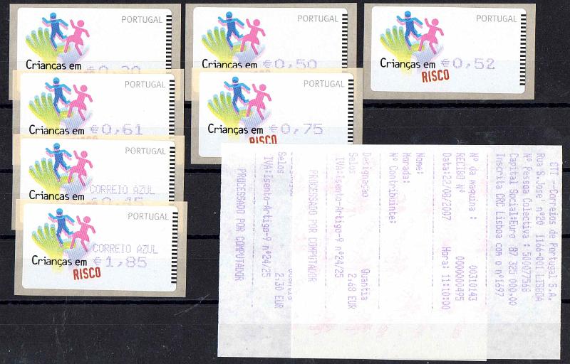 2914.jpg -     Lote:    2914      Lotes pelo Correio              Descrição:         2007 &mdash; Crianças em RISCO. Máquina AMIEL. CE ETQ39. Série completa para o correio ordinário e correio azul, com a cor violeta deslocada.        ETQ       Valor Base:     &euro; 15,00     Valor Venda:     &euro;      