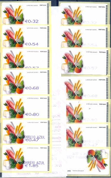 2916.jpg -     Lote:    2916      Lotes pelo Correio              Descrição:         2009 &mdash; Alimentação Saudável. Máquina SMD. CE ETQ49. Duas séries completas incluindo recibo. Uma impressa em azul-escuro e outra em azul claro.        ETQ       Valor Base:     &euro; 12,00     Valor Venda:     &euro;      