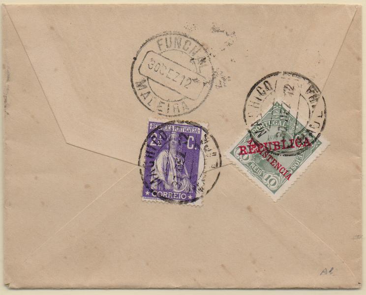 2965.jpg -     Lote:    2965      Lotes pelo Correio              Descrição:         1912 &mdash; Ceres + Imposto Postal * D. Manuel II, com sobrecarga REPUBLICA. Sobrescrito circulado do Machico (30.12.12) para o Funchal (30.12.12) com selo de 2 &frac12; c CE211 e selo do imposto de 10 reis CE IP1. Carimbo batido a preto "MACHICO / FUNCHAL".        Carta       Valor Base:     &euro; 10,00     Valor Venda:     &euro;      