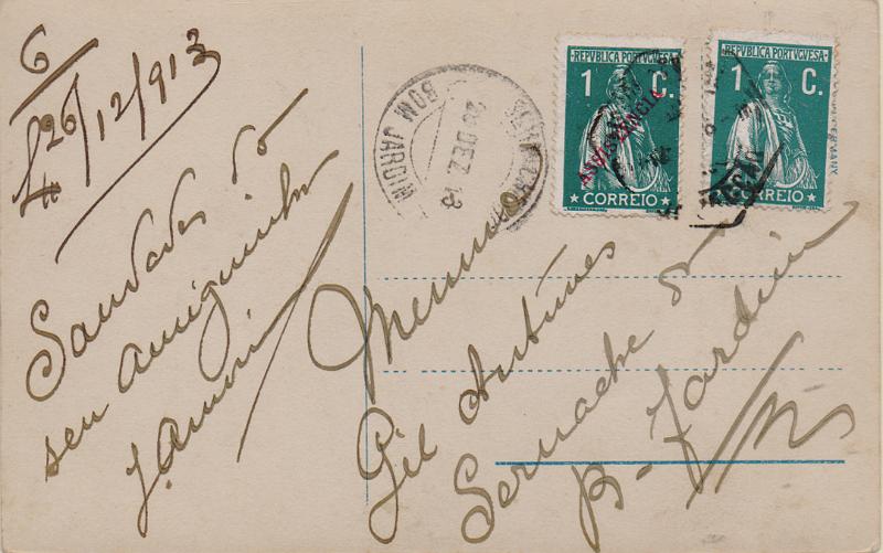2966.jpg -     Lote:    2966      Lotes pelo Correio              Descrição:         1912 &mdash; Ceres + Ceres, com sobrecarga ASSISTÊNCIA. Postal ilustrado circulado de Lisboa (27.12.18) para Sernache do bom Jardim (28.12.18) com selo de 1c CE208 e selo de 1c CE IP3. MB.        PI       Valor Base:     &euro; 10,00     Valor Venda:     &euro;      