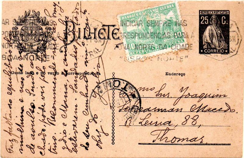 2968.jpg -     Lote:    2968      Lotes pelo Correio              Descrição:         1924/26 &mdash; Ceres. OM74, 25c preto. Circulado de Lisboa (15.11.26) para Tomar (16.11.26) com selo adicional do imposto postal "Padrões da Grande Guerra" de 10c verde CE IP14.        IC       Valor Base:     &euro; 10,00     Valor Venda:     &euro;      