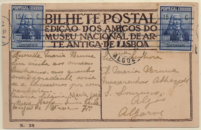 2970.jpg -     Lote:    2970      Lotes pelo Correio              Descrição:         1925 &mdash; Imposto Postal. Monumento ao Marquês de Pombal. Selos de recurso no correio ordinário. Postal ilustrado circulado de Lisboa (04.07.34) para Algoz, com dois selos de 15c (Efígie) CE IP18.        PI       Valor Base:     &euro; 8,00     Valor Venda:     &euro;      