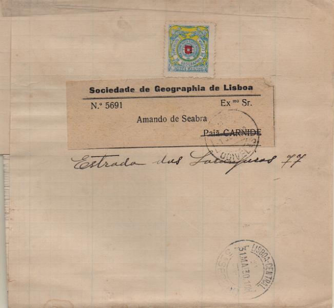 2976.jpg -     Lote:    2976      Lotes pelo Correio              Descrição:         1929/33 &mdash; Porte franco. Sociedade de Geografia de Lisboa. CE SGL9, vermelho e azul sobre amarelo, em cinta do Boletim circulado de Lisboa (31.05.30) para Odivelas (01.06.30).        CNT       Valor Base:     &euro; 30,00     Valor Venda:     &euro;      