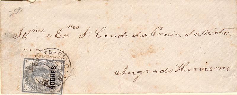 2980.jpg -     Lote:    2980      Lotes pelo Correio              Descrição:         1880 &mdash; D. Luís de perfil. Selos do Continente com sobrecarga AÇORES tipo C. CE32, 25 reis cinzento, denteado 12 &frac12;, em sobrescrito circulado de Ponta Delgada para Angra do Heroísmo.        Carta       Valor Base:     &euro; 15,00     Valor Venda:     &euro;      