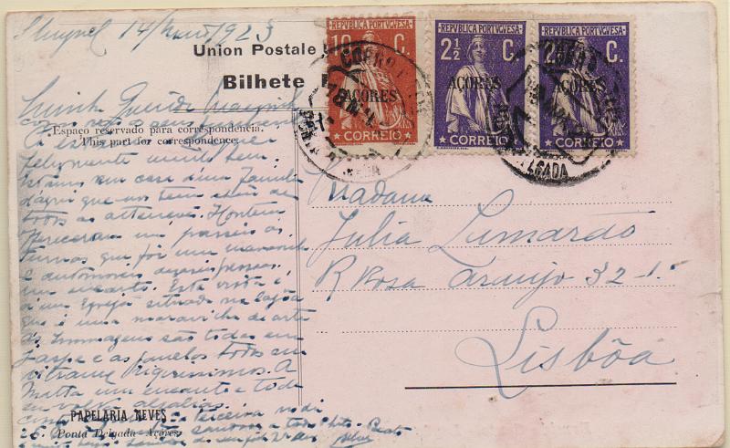 2991.jpg -     Lote:    2991      Lotes pelo Correio              Descrição:         1912 &mdash; Ceres. Selos do Continente com sobrecarga AÇORES. Postal ilustrado circulado de Ponta Delgada (18.05.23) para Lisboa, com selos de 2 &frac12; x 2 e 10c CE154 e 158.        PI       Valor Base:     &euro; 10,00     Valor Venda:     &euro;      
