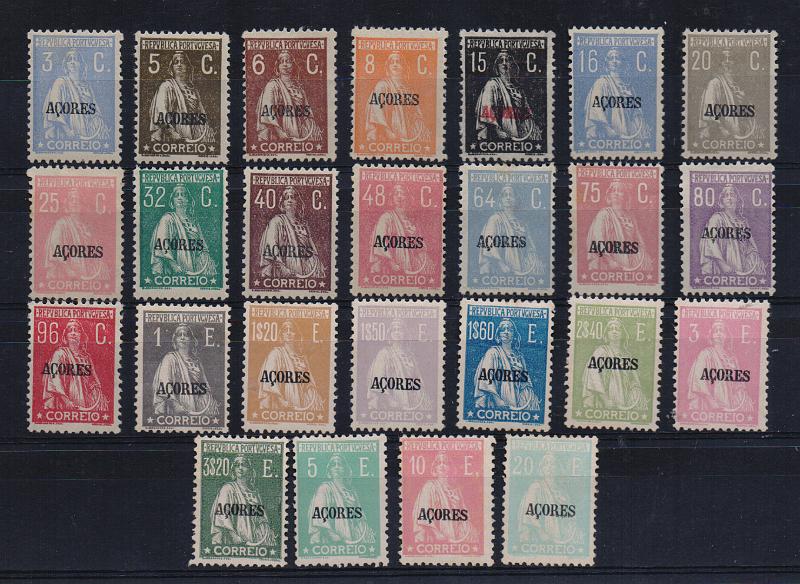 2994.jpg -     Lote:    2994      Lotes pelo Correio              Descrição:         1924/28 &mdash; Ceres. Selos do Continente com sobrecarga AÇORES. CE199/219. Série completa. Valor de catálogo &euro; 520,00.        **       Valor Base:     &euro; 50,00     Valor Venda:     &euro;      