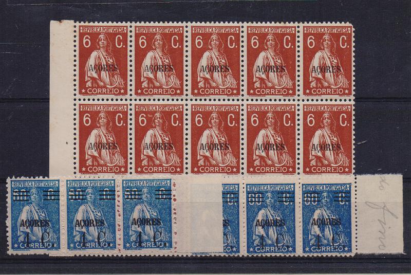 2996.jpg -     Lote:    2996      Lotes pelo Correio              Descrição:         1929/1931- Ceres com sobrecarga Açores e sobretaxa + Ceres, gravura retocada. Lotecomposto por tira de 3 selos de 4C s/ 60C azul, denteado 12x11 &frac12;, CE283 + tira de 3 selos da mesma taxa em denteado 15x14 + bloco de 15 selos de 6C castanho vermelho CE298. Valor de catálogo &euro; 43,35.        ***       Valor Base:     &euro; 5,00     Valor Venda:     &euro;      