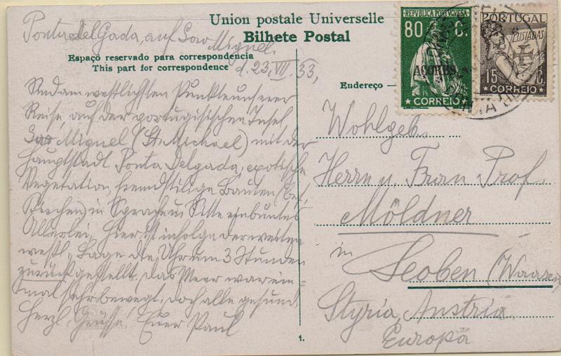 2997.jpg -     Lote:    2997      Lotes pelo Correio              Descrição:         1930/31 &mdash; Ceres. Selos do Continente com sobrecarga AÇORES + Lusíadas. Postal ilustrado circulado de Ponta Delgada (23.07.33) para a Áustria, com selos de 80c CE308 e 15c CE517.        PI       Valor Base:     &euro; 10,00     Valor Venda:     &euro;      