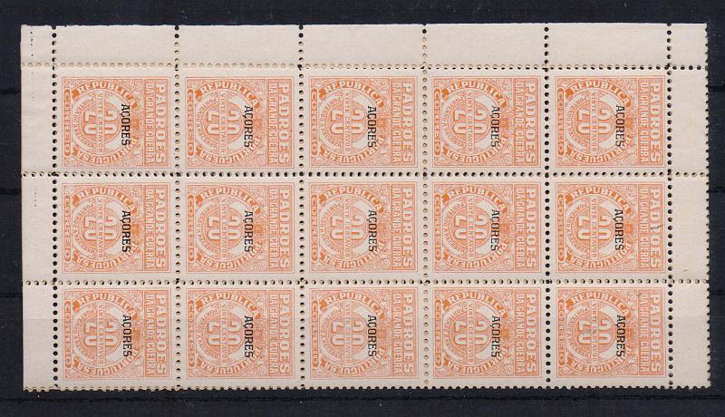 2998.jpg -     Lote:    2998      Lotes pelo Correio              Descrição:         1925 &mdash; Padrões da Grande Guerra. Imposto Postal / Porteado. Selos do Continente comsobrecarga AÇORES. CE IP POR1, 20C laranja. Bloco de 30 selos. Valor de catálogo &euro; 48,00.        ***       Valor Base:     &euro; 5,00     Valor Venda:     &euro;      