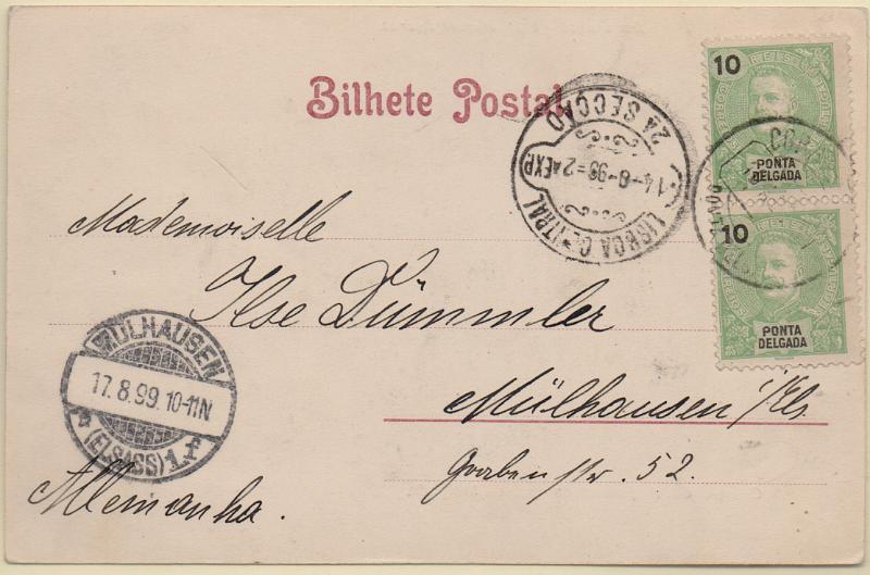 3011.jpg -     Lote:    3011      Lotes pelo Correio              Descrição:         1897 &mdash; D. Carlos I Mouchon. CE15, 10 reis verde. Par em postal ilustrado circulado de Ponta Delgada (10.08.99) para a Alemanha (17.08.99) com trânsito por Lisboa.        PI       Valor Base:     &euro; 8,00     Valor Venda:     &euro;      
