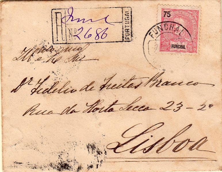 3013.jpg -     Lote:    3013      Lotes pelo Correio              Descrição:         1897 &mdash; D. Carlos I, tipo Mouchon. Sobrescrito circulado registado do Funchal (07.02.06) para Lisboa (10.02.06) com selo de 75 reis carmim, CE20.        Carta       Valor Base:     &euro; 8,00     Valor Venda:     &euro;      