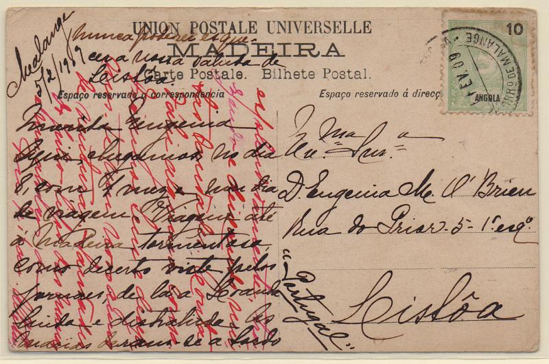 3020.jpg -     Lote:    3020      Lotes pelo Correio              Descrição:         1898/1901 &mdash; D. Carlos I Mouchon. CE40, 10 reis verde em postal ilustrado circulado de Malange (05.02.09) para Lisboa.        PI       Valor Base:     &euro; 8,00     Valor Venda:     &euro;      