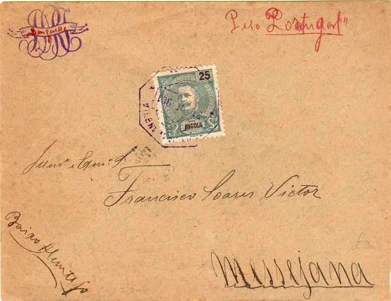 3021.jpg -     Lote:    3021      Lotes pelo Correio              Descrição:         1898/1901 &mdash; D. Carlos I Mouchon. CE43, 25 reis verde, em sobrescrito circulado de Benguela para a Messejana, com trânsito por Lisboa (17.11.01). Inscrição manuscrita "Pelo Portugal".        Carta       Valor Base:     &euro; 20,00     Valor Venda:     &euro;      