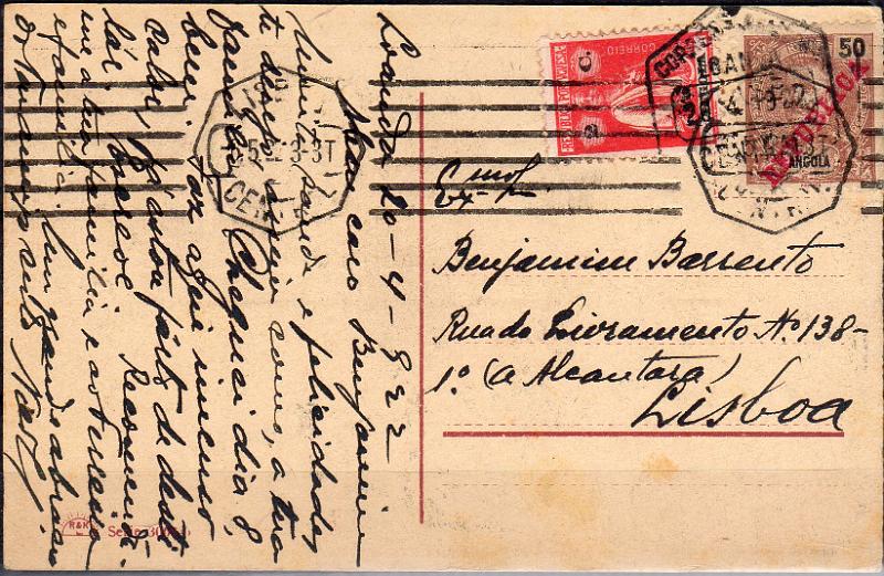 3022.jpg -     Lote:    3022      Lotes pelo Correio              Descrição:         1911/14 &mdash; D. Carlos I Mouchon, com sobrecarga REPUBLICA da Casa da Moeda + Ceres. Postal ilustrado circulado de Luanda (20.04.22) para Lisboa (06.05.22) com selo de 50 reis CE94 e 2C CE146.        PI       Valor Base:     &euro; 10,00     Valor Venda:     &euro;      