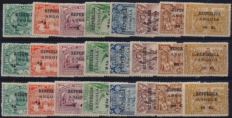 3024.jpg -     Lote:    3024      Lotes pelo Correio              Descrição:         1913 &mdash; 4.º Centenário do Descobrimento do Caminho Marítimo para a Índia, com sobrecarga e sobretaxa, sobre selos de África, Macau e Timor. CE118/141. As três séries completas. Valor de catálogo &euro; 99,00.        **       Valor Base:     &euro; 15,00     Valor Venda:     &euro;      