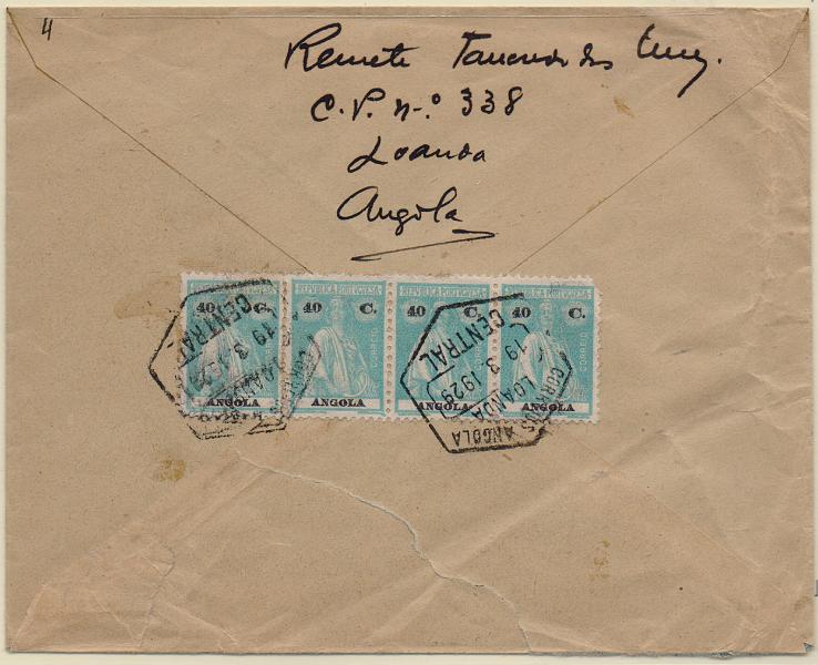 3027.jpg -     Lote:    3027      Lotes pelo Correio              Descrição:         192&frac12;2 &mdash; Ceres. Sobrescrito circulado de Luanda (19.03.29) para a Bélgica, com tira de 4 selos de 40c verde-azul, denteado 12x11 &frac12;, CE207. B.        Carta       Valor Base:     &euro; 8,00     Valor Venda:     &euro;      
