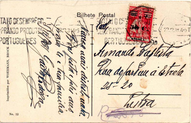 3029.jpg -     Lote:    3029      Lotes pelo Correio              Descrição:         1931 &mdash; Ceres, com sobretaxa. CE224, 50c s/ 60c carmim em postal ilustrado circulado do Lobito para Lisboa (22.12.31).        PI       Valor Base:     &euro; 6,00     Valor Venda:     &euro;      