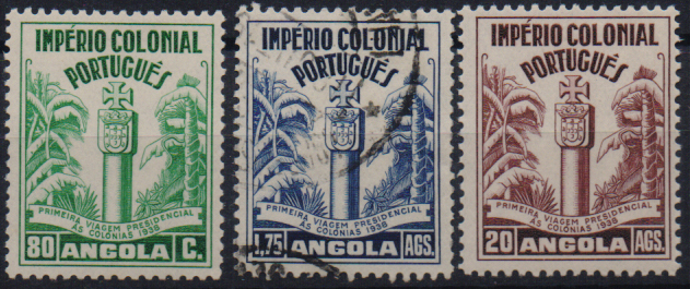 3031.jpg -     Lote:    3031      Lotes pelo Correio              Descrição:         1938 &mdash; Primeira Viagem Presidencial. CE276/278. Série completa. Selo de 1$75 usado. Selo de 20 Ags novo sem charneira. Valor de catálogo &euro; 141,00.        ***/O       Valor Base:     &euro; 20,00     Valor Venda:     &euro;      
