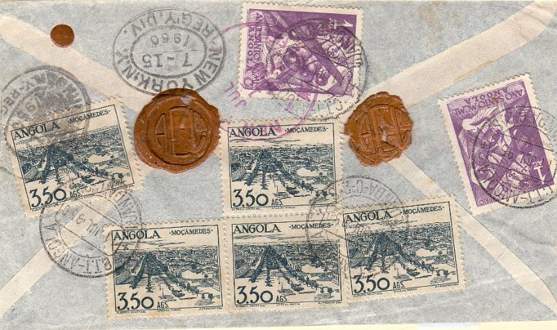 3037.jpg -     Lote:    3037      Lotes pelo Correio              Descrição:         1949/50 &mdash; Vistas de Angola + Ano Santo. Sobrescrito circulado de Luanda (11.07.50) para os EUA (15.07.50) com 5 selos de 3,50Ags CE315 + dois selos de 1Ag CE324. MB.        Carta       Valor Base:     &euro; 14,00     Valor Venda:     &euro;      
