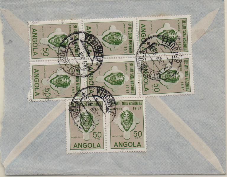 3038.jpg -     Lote:    3038      Lotes pelo Correio              Descrição:         1952 &mdash; Exposição de Arte Sacra Missionária. Sobrescrito circulado de Benguela (19.06.53) para Malaposta, com 8 selos de 50c CE353.        Carta       Valor Base:     &euro; 6,00     Valor Venda:     &euro;      
