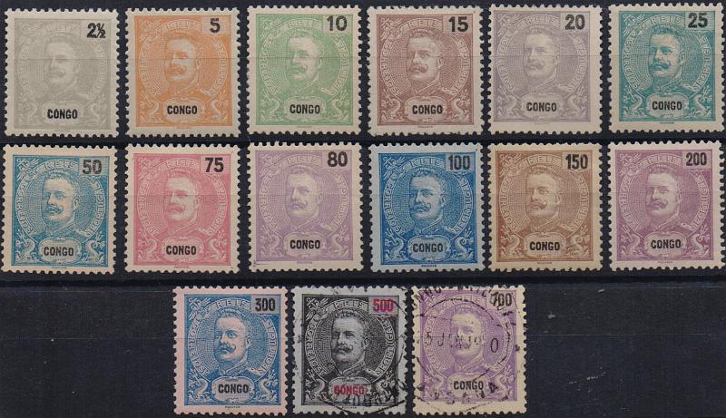 3044.jpg -     Lote:    3044      Lotes pelo Correio              Descrição:         1898/1901 &mdash; D. Carlos I Mouchon. CE14/28. Série completa. Selos de 500 e 700 reis usados.        **/O       Valor Base:     &euro; 25,00     Valor Venda:     &euro;      