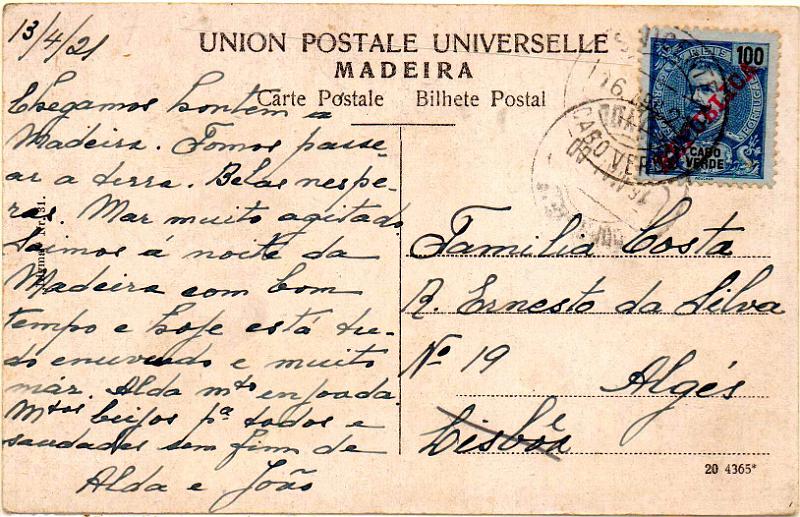3052.jpg -     Lote:    3052      Lotes pelo Correio              Descrição:         1911 &mdash; D. Carlos I Mouchon, com sobrecarga REPUBLICA. CE94, 100 reis azul s/ azul em postal ilustrado circulado de S. Vicente (13.04.21) para Algés (15.05.21). Carimbo batido a preto de "DAFUNDO", com erro de datador.        PI       Valor Base:     &euro; 8,00     Valor Venda:     &euro;      