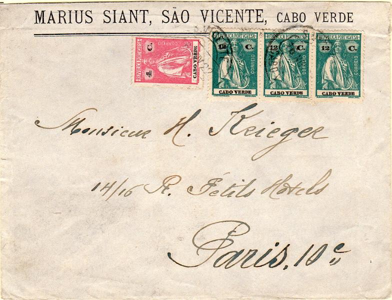 3055.jpg -     Lote:    3055      Lotes pelo Correio              Descrição:         1922 &mdash; Ceres. Sobrescrito circulado de S. Vicente (16.11.22) para Paris (25.11.22) com selo de 4C CE172 e tira de 3 selos de 12C CE176. MB.        Carta       Valor Base:     &euro; 20,00     Valor Venda:     &euro;      