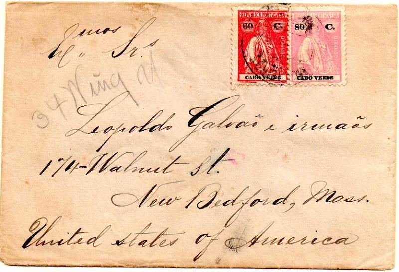 3056.jpg -     Lote:    3056      Lotes pelo Correio              Descrição:         1922/26 &mdash; Ceres. Sobrescrito circulado de Mosteiros (15.02.33) para os EUA com selos de 80c CE180 e 60c carmim CE193. Carimbo batido a preto "MOSTEIROS". Carta no interior do sobrescrito.        Carta       Valor Base:     &euro; 20,00     Valor Venda:     &euro;      