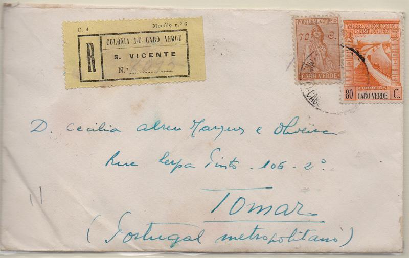 3057.jpg -     Lote:    3057      Lotes pelo Correio              Descrição:         1934/38 &mdash; Ceres filigranado + Império Colonial Português. Sobrescrito circulado registado de S. Vicente para Tomar (30.06.43) com selos de 70c CE209 + 80c CE229. Etiqueta de registo amarela de S. Vicente + carimbo a preto do MINDELO.        Carta       Valor Base:     &euro; 15,00     Valor Venda:     &euro;      