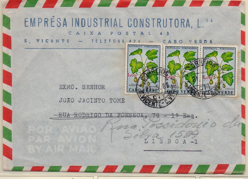 3062.jpg -     Lote:    3062      Lotes pelo Correio              Descrição:         1968 &mdash; Motivos de Cabo Verde. Sobrescrito circulado de S. Vicente (21.05.69) para Lisboa, com 3 selos de 1$00 CE330.        Carta       Valor Base:     &euro; 6,00     Valor Venda:     &euro;      