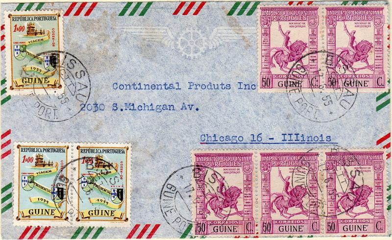 3075.jpg -     Lote:    3075      Lotes pelo Correio              Descrição:         1938/55 &mdash; Império Colonial Português + Viagem Presidencial. Sobrescrito circulado de Bissau (17.06.55) para os EUA com 5 selos de 50C CE231 + 3 selos de 1$00 CE282.        Carta       Valor Base:     &euro; 28,00     Valor Venda:     &euro;      