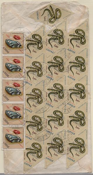 3077.jpg -     Lote:    3077      Lotes pelo Correio              Descrição:         1962/63 &mdash; Modalidades desportivas + Cobras. Sobrescrito circulado registado de Bissau (04.11.65) para Lisboa com 5 selos de $50 CE289 e 16 selos de 1$50 CE300.        Carta       Valor Base:     &euro; 8,00     Valor Venda:     &euro;      
