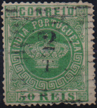 3083.jpg -     Lote:    3083      Lotes pelo Correio              Descrição:         1881/83 &mdash; Tipo Coroa. Com sobretaxa. CE98, 2T s/ 50 reis verde-azul, denteado 13 &frac12;. Valor de catálogo &euro; 45,00.        O       Valor Base:     &euro; 10,00     Valor Venda:     &euro;      