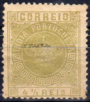 3084.jpg -     Lote:    3084      Lotes pelo Correio              Descrição:         1882 &mdash; Tipo Coroa. Valores em moeda local. Tipo I. CE116, 4 &frac12; reis, denteado 12 &frac12;. Selo com a sobrecarga a preto "PROVA" pequena.        **       Valor Base:     &euro; 5,00     Valor Venda:     &euro;      