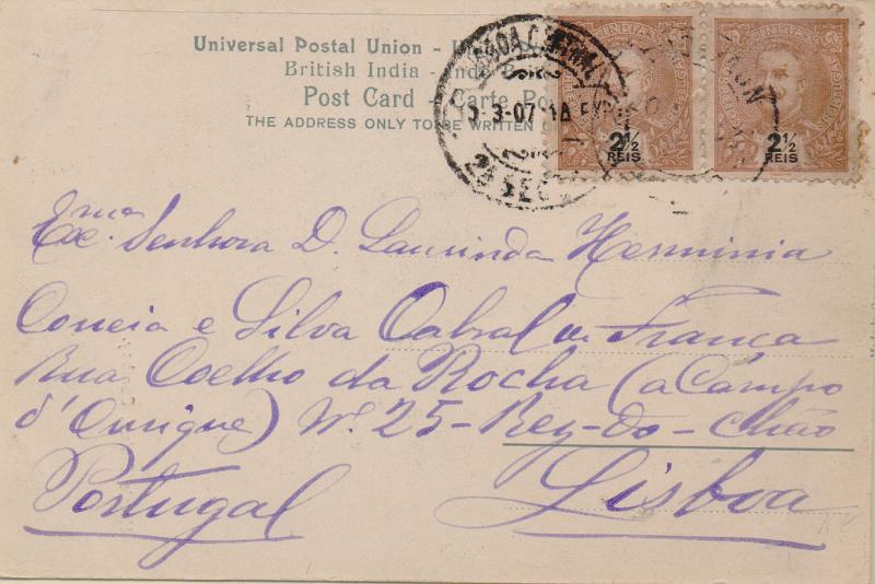 3092.jpg -     Lote:    3092      Lotes pelo Correio              Descrição:         1903 &mdash; D. Carlos I Mouchon. CE188, 2 &frac12; reis castanho. Par em postal ilustrado circulado de Nova Goa (15.02.07) para Lisboa.        PI       Valor Base:     &euro; 8,00     Valor Venda:     &euro;      