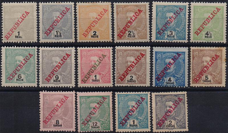 3093.jpg -     Lote:    3093      Lotes pelo Correio              Descrição:         1911 &mdash; D. Carlos I, com sobrecarga REPUBLICA da Casa da Moeda. CE200/215. Série completa. Alguns selos sem goma e pequenos defeitos. Lote a ver.        **/*       Valor Base:     &euro; 12,00     Valor Venda:     &euro;      