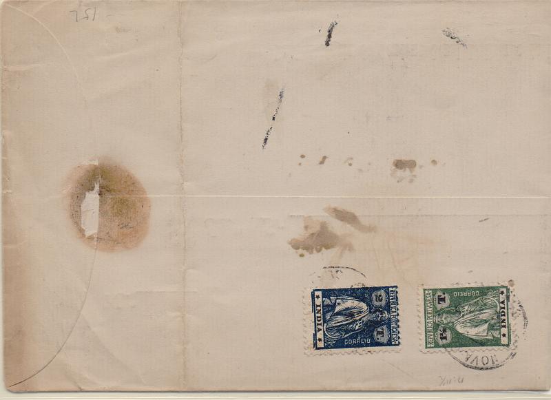 3094.jpg -     Lote:    3094      Lotes pelo Correio              Descrição:         1914/22 &mdash; Ceres. Sobrescrito circulado registado de Nova Goa para Bombaim (25.12.30), com selos no verso de 2Tgs azul escuro, estrelas III/IV CE205 e 1 &frac12; Tgs, estrelas III/IV, CE315.        Carta       Valor Base:     &euro; 10,00     Valor Venda:     &euro;      