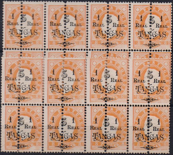 3095.jpg -     Lote:    3095      Lotes pelo Correio              Descrição:         1911/13 &mdash; D. Luís I, com sobretaxas de 1902, perfurados ao meio e nova sobretaxa local. CE222, 1real s/ 5 Tangas s/ 8 tangas, laranja, denteado 13 &frac12;, sobretaxa tipo B. Dois blocos de 8 selos completos cada. Valor de catálogo &euro; 104,00.        *       Valor Base:     &euro; 8,00     Valor Venda:     &euro;      
