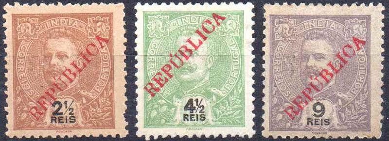 3098.jpg -     Lote:    3098      Lotes pelo Correio              Descrição:         1914 &mdash; D. Carlos I Mouchon, com sobrecarga REPUBLICA local. CE274/276, 2 &frac12;, 4 &frac12; e 9 reis. Valor de catálogo &euro; 70,00.        **/*       Valor Base:     &euro; 14,00     Valor Venda:     &euro;      