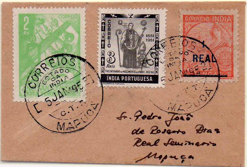 3103.jpg -     Lote:    3103      Lotes pelo Correio              Descrição:         1942/51 &mdash; Padrões com sobretaxa + Ano Santo + Tricentenário do Nascimento de PadreJosé Vaz. Sobrescrito de reduzidas dimensões circulado em Mapuça (05.01.52) com selos CE368, 406 e 418. MB.        Carta       Valor Base:     &euro; 8,00     Valor Venda:     &euro;      