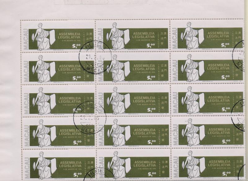 3113.jpg -     Lote:    3113      Lotes pelo Correio              Descrição:         1977 &mdash; Assembleia Legislativa. CE444, 5 Patacas. Folha completa obliterada. Valor de catálogo &euro; 650,00.        O       Valor Base:     &euro; 25,00     Valor Venda:     &euro;      