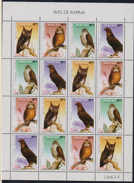 3138.jpg -     Lote:    3138      Lotes pelo Correio              Descrição:         Macau &mdash; Aves de Rapina. CE FM13. Folha miniatura de 16 selos CE701/04. Valor de catálogo &euro; 45,00.        FM***       Valor Base:     &euro; 20,00     Valor Venda:     &euro;      