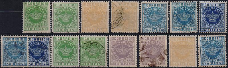 3147.jpg -     Lote:    3147      Lotes pelo Correio              Descrição:         1876 &mdash; Tipo Coroa. CE 10, 12/14. Séries incompletas em novo e usado (falta selos de 20 reis). Repetições em denteados. Lote a ver.        **/*/O       Valor Base:     &euro; 10,00     Valor Venda:     &euro;      