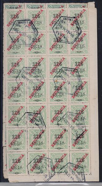 3154.jpg -     Lote:    3154      Lotes pelo Correio              Descrição:         1915 &mdash; D. Carlos I. Selos sobretaxados de 1902, com sobrecarga REPUBLICA da Casa da Moeda. Lote de duas folhas, completas com 28 selos. CE83, 115 reis s/ 25 reis + CE84, 115 reis s/ 80 reis. Valor de catálogo &euro; 89,60.        O       Valor Base:     &euro; 20,00     Valor Venda:     &euro;      