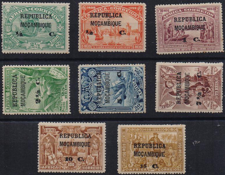 3156.jpg -     Lote:    3156      Lotes pelo Correio              Descrição:         1913 &mdash; 4.º Centenário do Descobrimento do Caminho Marítimo para a Ìndia, com sobrecarga REPUBLICA e sobretaxa, sobre selos de África. CE129/136. Valor de catálogo &euro; 20,00.        **       Valor Base:     &euro; 4,00     Valor Venda:     &euro;      