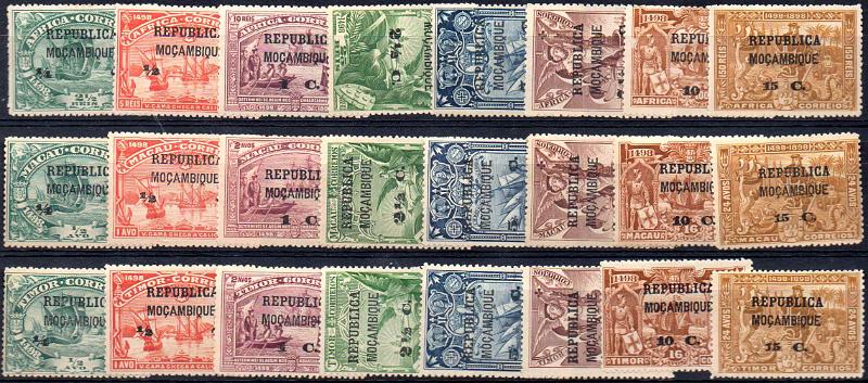 3157.jpg -     Lote:    3157      Lotes pelo Correio              Descrição:         1913 &mdash; 4.º Centenário do Descobrimento do Caminho Marítimo para a Índia, com sobrecarga e sobretaxa, sobre selos de África, Macau e Timor. CE129/152. As três séries completas. Valor de catálogo &euro; 77,00.        *       Valor Base:     &euro; 8,00     Valor Venda:     &euro;      