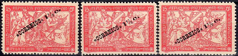 3165.jpg -     Lote:    3165      Lotes pelo Correio              Descrição:         1918/20 &mdash; Taxa de Guerra. Selos do Imposto Postal e Telegráfico com sobretaxa. CE202, 1 &frac12; s/ 5C vermelho, denteado 12. Lote de 3 selos com as variedades "PETRIA", "PEPUBLICA" e "TELFGRAFO". Valor de catálogo &euro; 51,00.        **       Valor Base:     &euro; 15,00     Valor Venda:     &euro;      