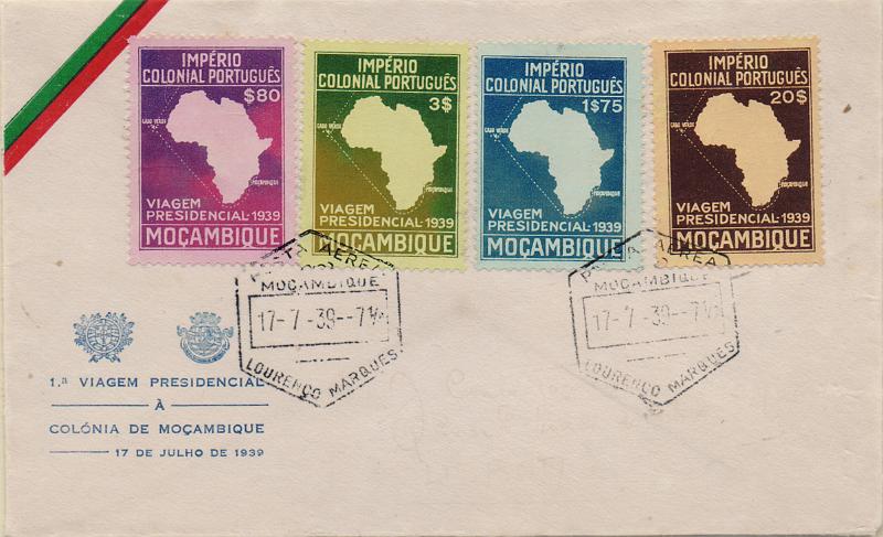 3167.jpg -     Lote:    3167      Lotes pelo Correio              Descrição:         1939 &mdash; Segunda Viagem Presidencial às Colónias. CE 308/311. FDC com marca de dia de Lourenço Marques (17.07.39), com a série completa. MB e MR.        FDC       Valor Base:     &euro; 30,00     Valor Venda:     &euro;      