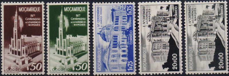3168.jpg -     Lote:    3168      Lotes pelo Correio              Descrição:         1944/46 &mdash; 4.º Centenário de Lourenço Marques. CE312/315. Série completa + selo de 20$00 em denteado 11. Valor de catálogo &euro; 83,00.        **       Valor Base:     &euro; 15,00     Valor Venda:     &euro;      