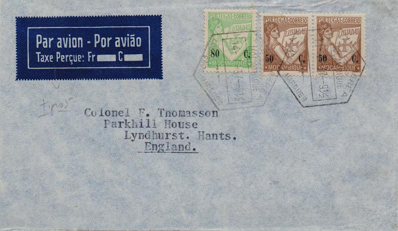 3175.jpg -     Lote:    3175      Lotes pelo Correio              Descrição:         1937 &mdash; Sobretaxa do Correio Aéreo. Etiquetas MOD/13 impressas no sobrescrito. Sobrescrito circulado de L. Marques (14.07.37) para a Inglaterra com selos tipo Ceres de 50cx2 e 80c CE278 e 281.        Carta       Valor Base:     &euro; 15,00     Valor Venda:     &euro;      